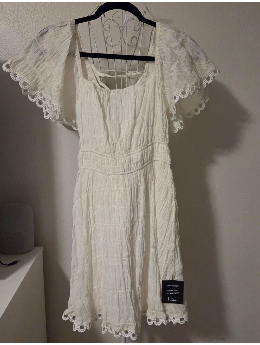 Lulus White Lace Trim Flutter Sleeve Dress Size S